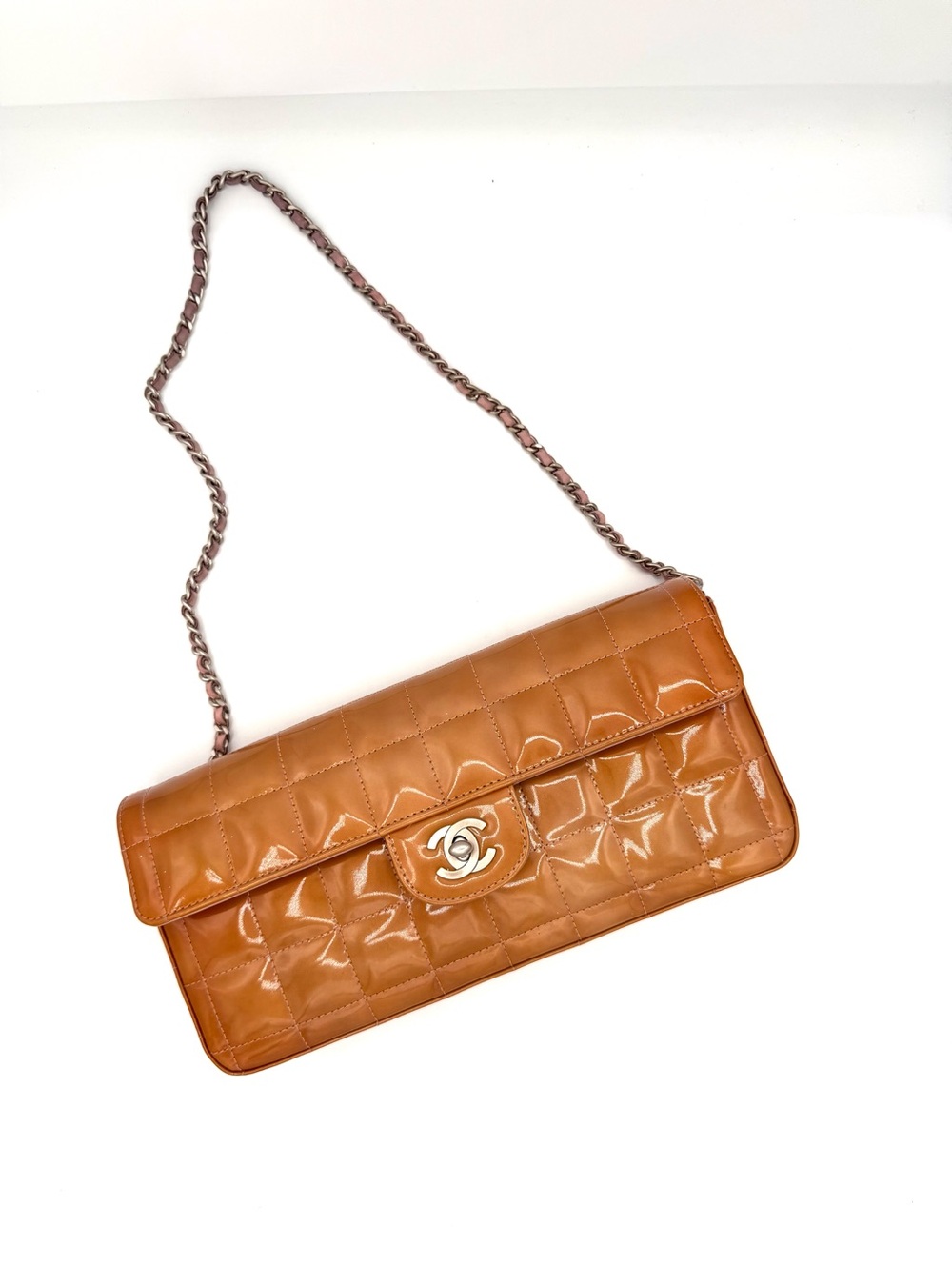 CHANEL Quilted Orange Patent Leather Chocolate Bar CC Flap Bag